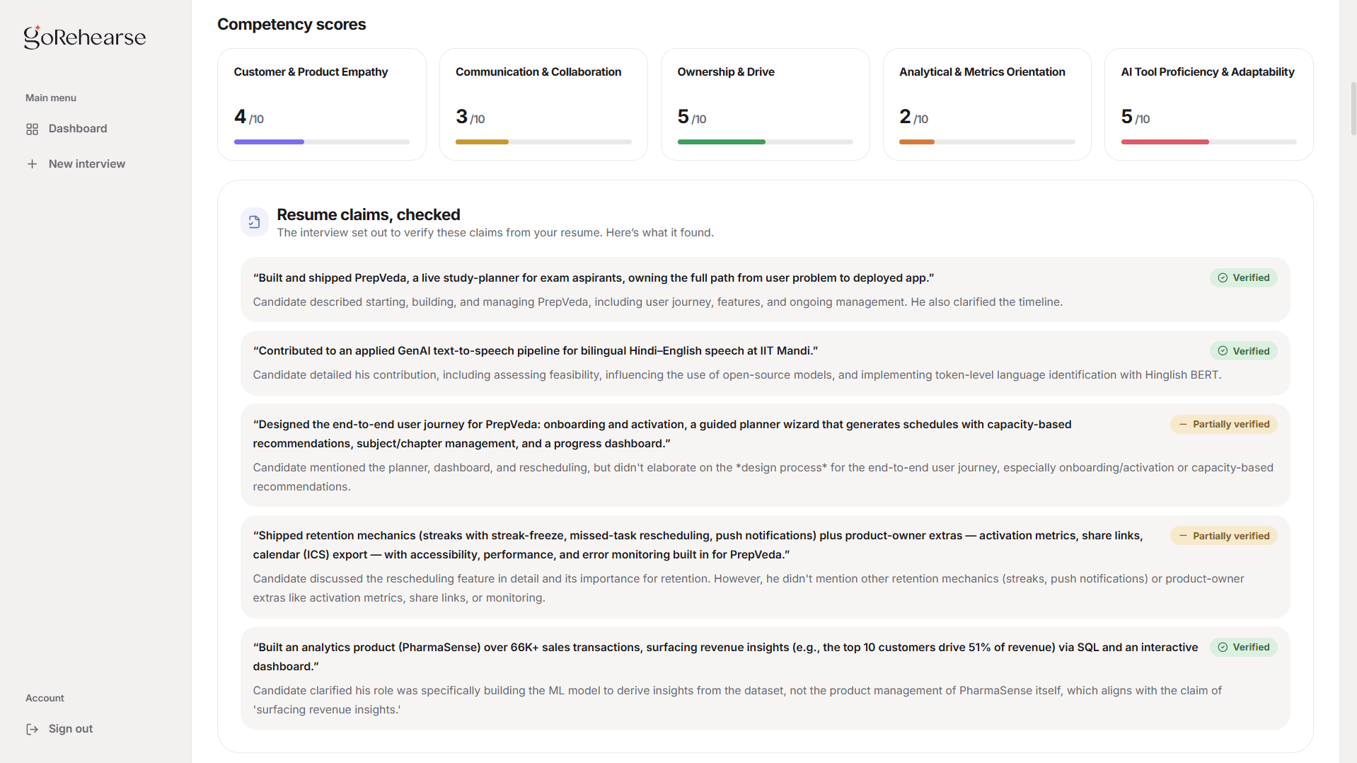 GoRehearse competency feedback and resume claim verification