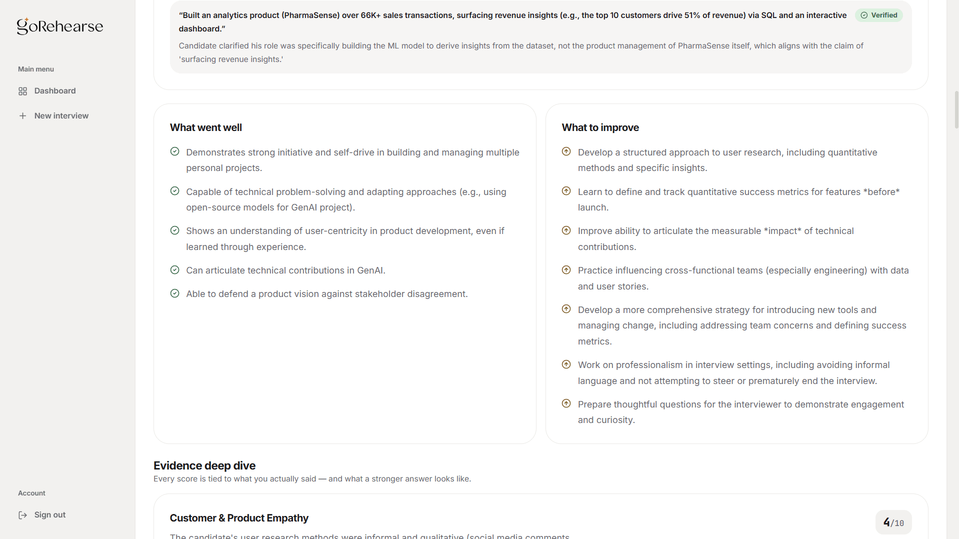 GoRehearse feedback report showing strengths and areas to improve
