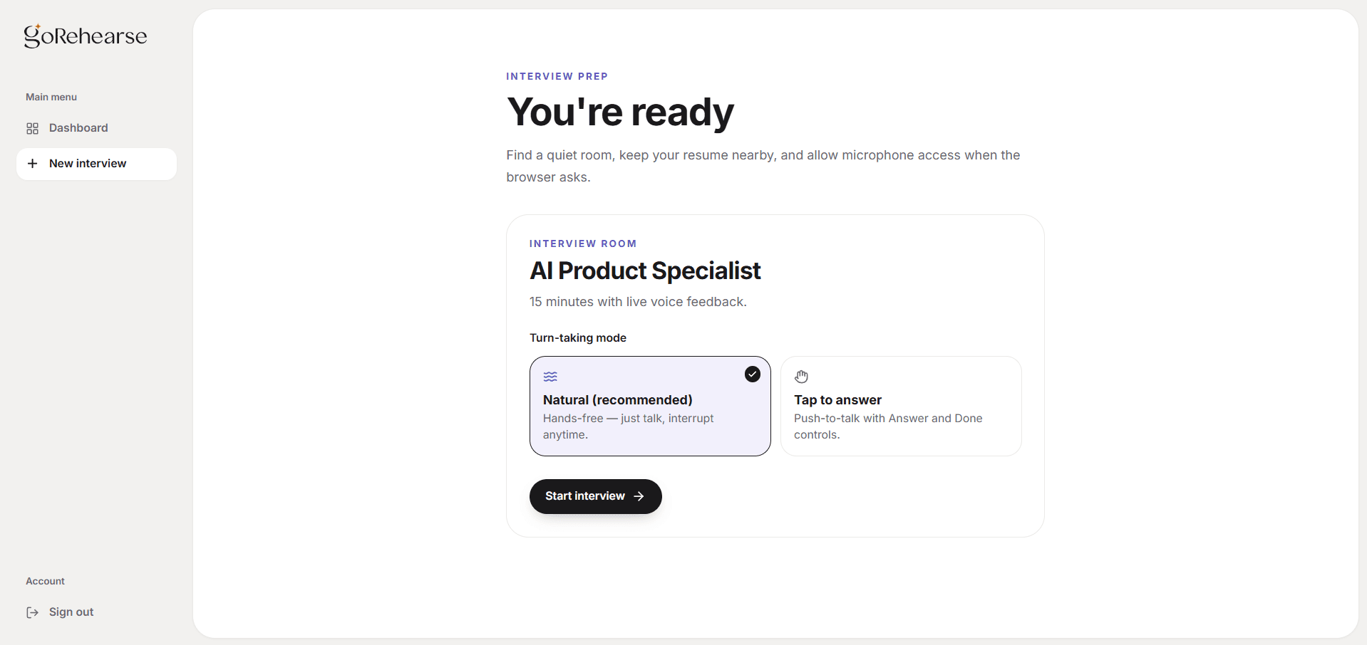 GoRehearse interview mode selection screen