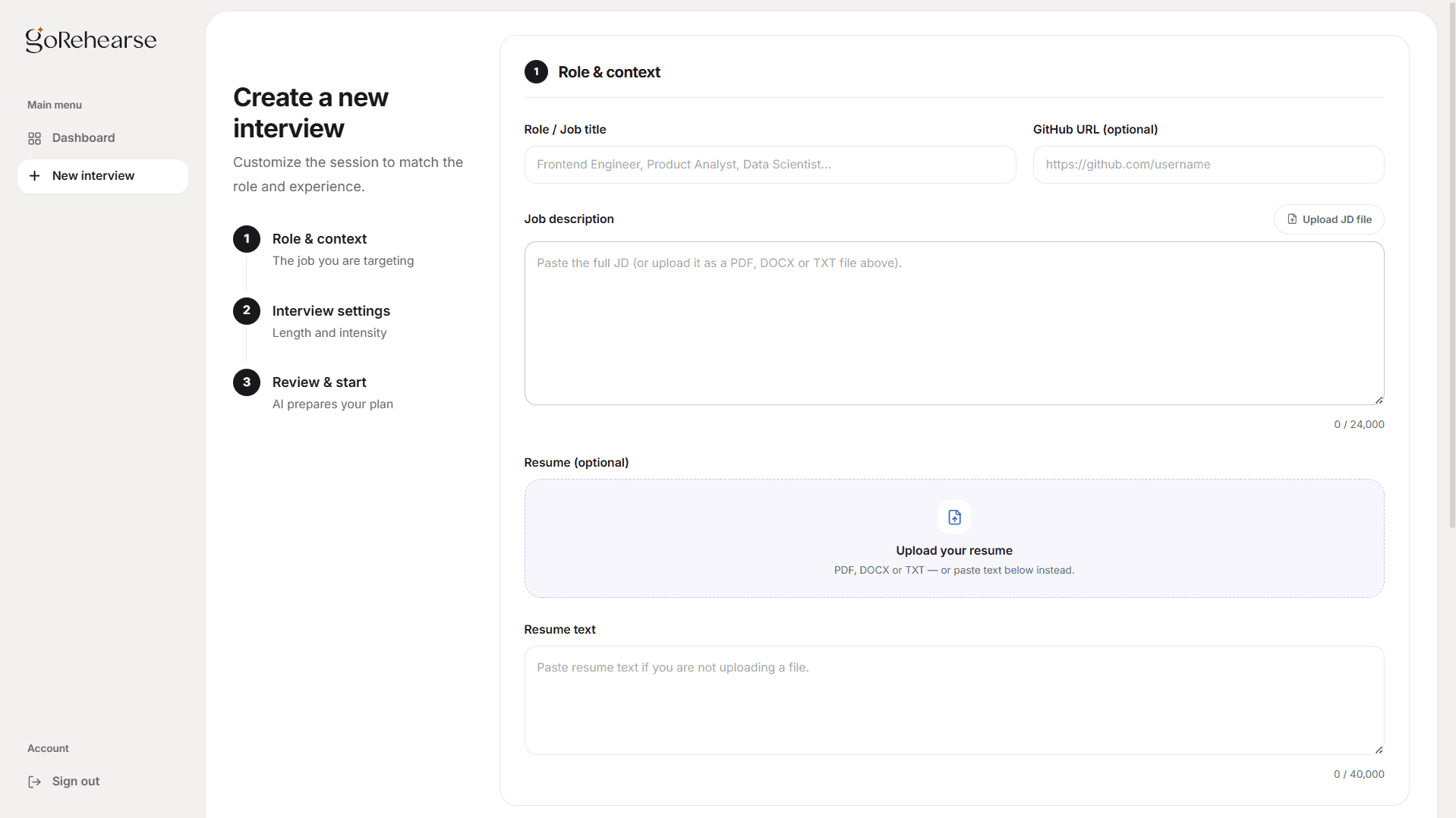 GoRehearse role setup screen with job description and resume fields